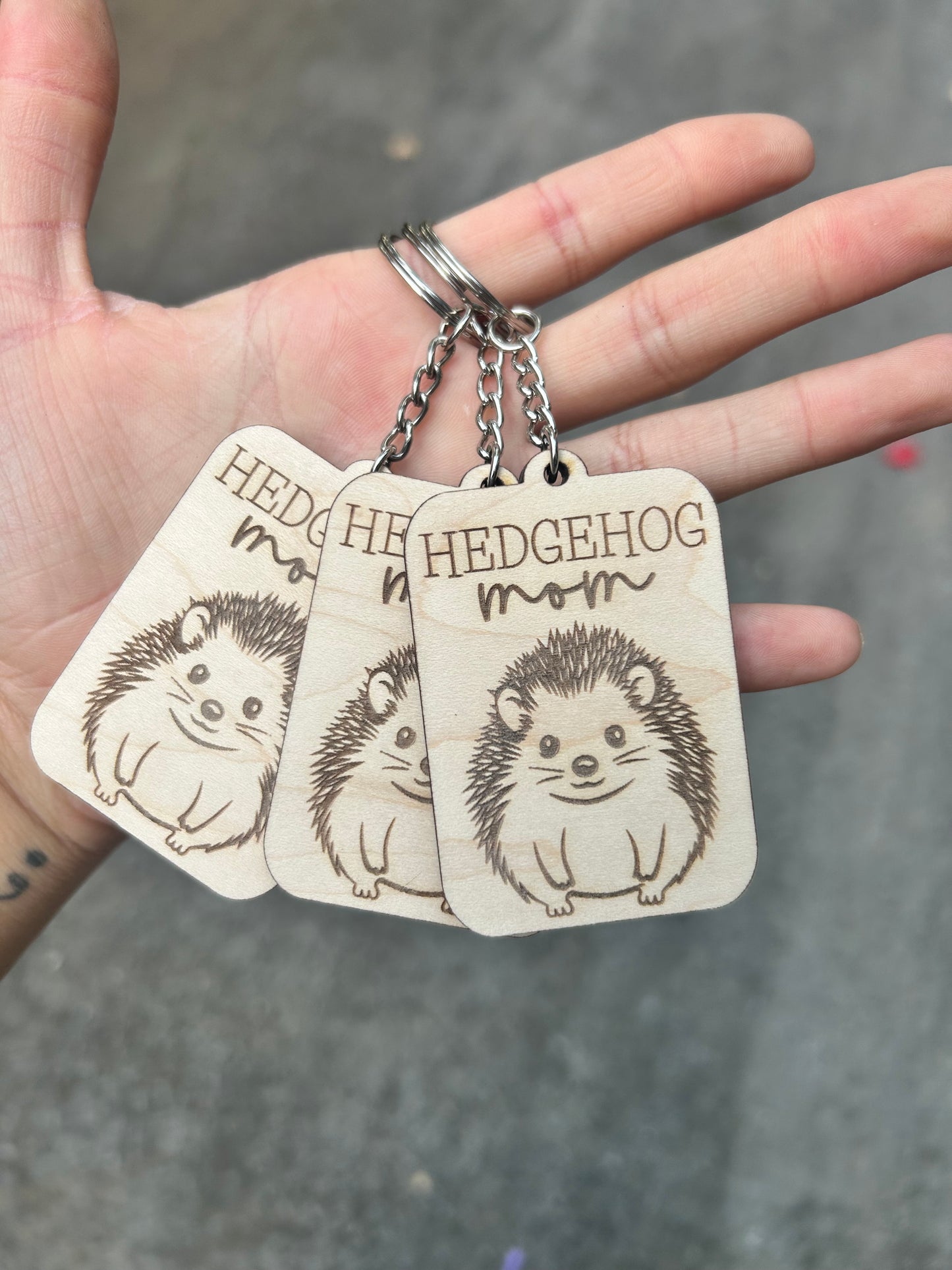 Hedgehog Mom Wooden Keychain